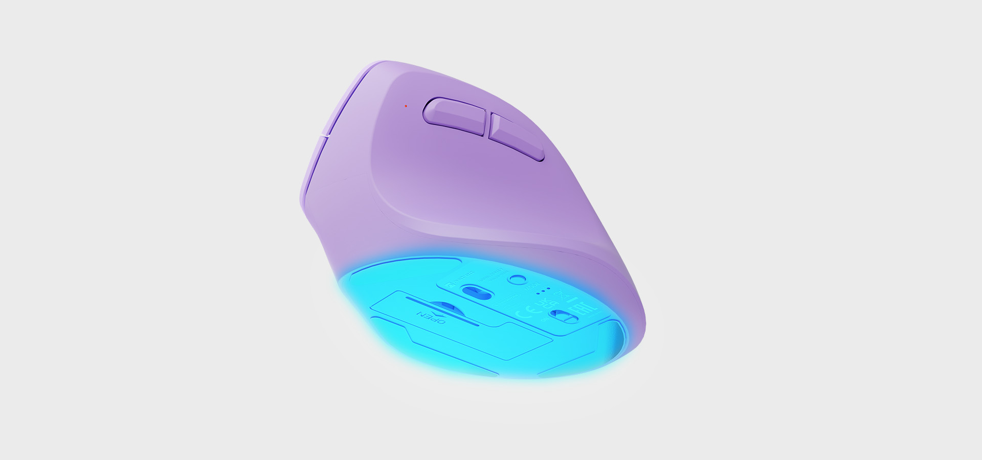 Mouse in purple color with a blue light on the underside and buttons on the side.
