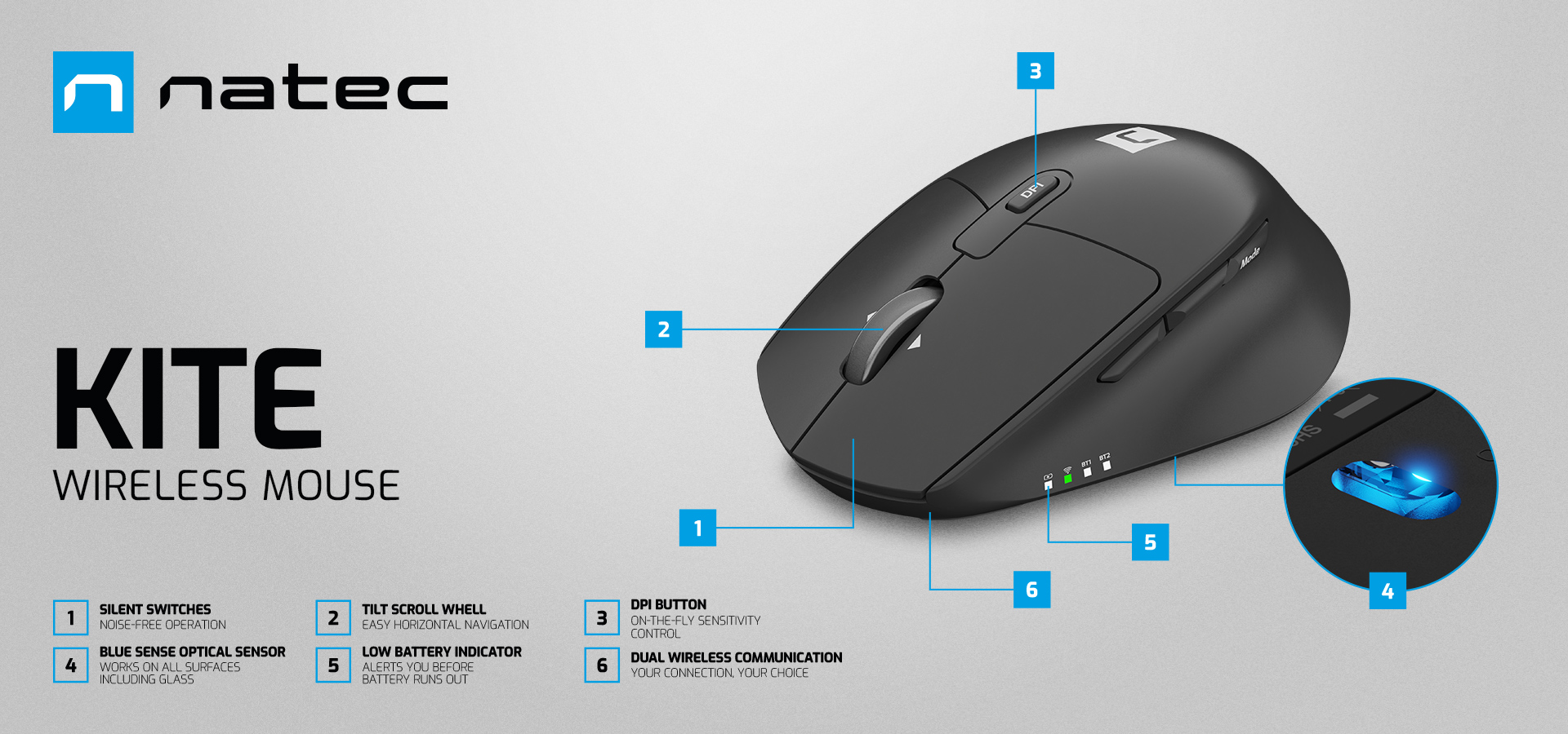 Bezprzewodowa mysz z wieloma przyciskami i świecącym światłem dla lepszej widoczności.