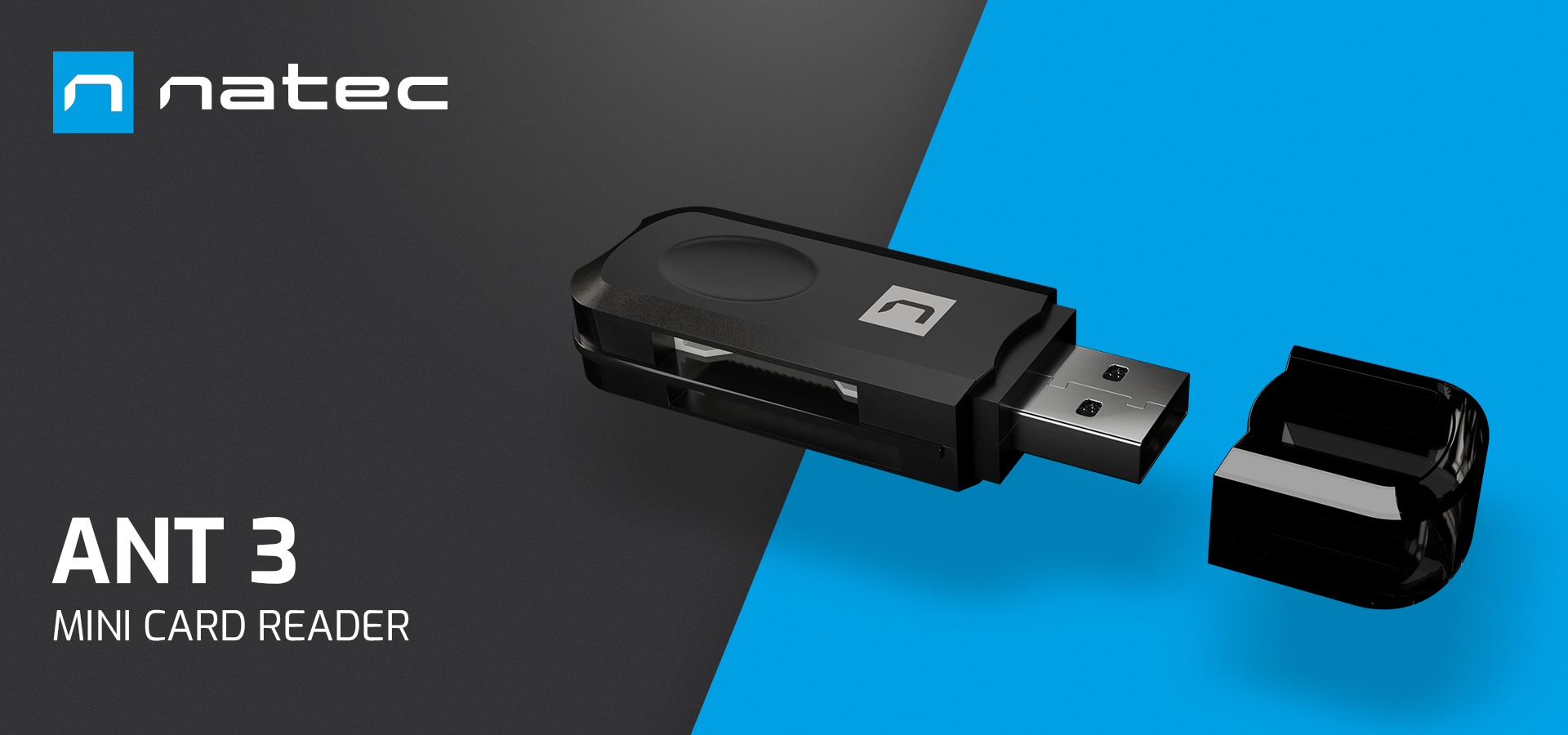 Black mini card reader with a removable cover and a connection attachment.