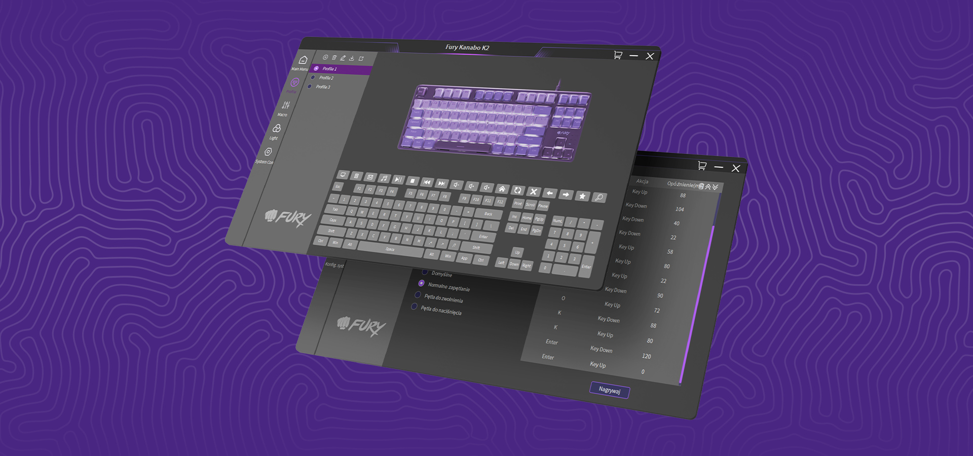 Dwa okna interfejsu pokazujące klawiaturę na ekranie i opcje konfiguracji na fioletowym tle.