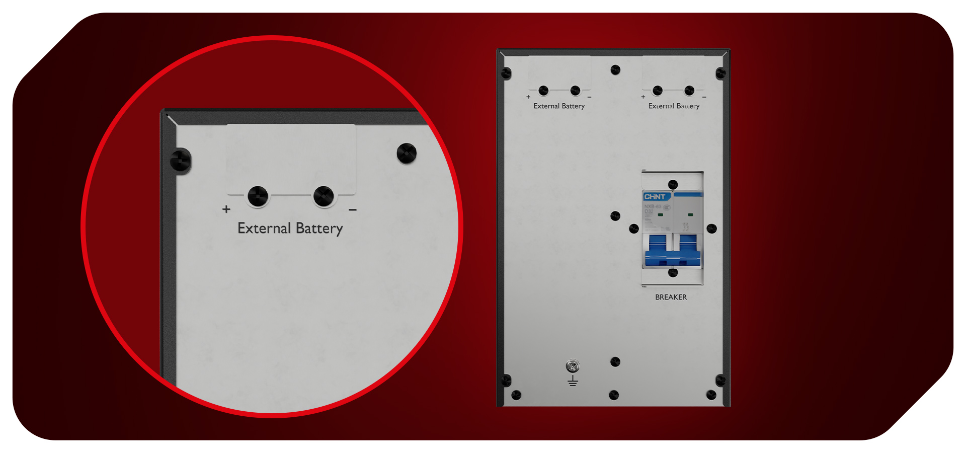Wieża akumulatora z podłączeniem akumulatora zewnętrznego i zainstalowanym wyłącznikiem obwodu na panelu przednim