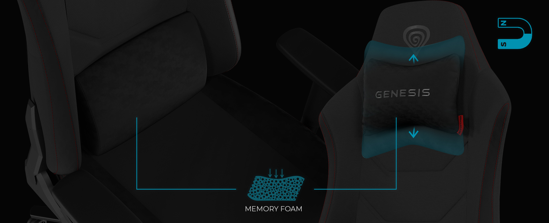 Fotel gamingowy z poduszką z pianki memory i regulowanymi funkcjami dla komfortu.