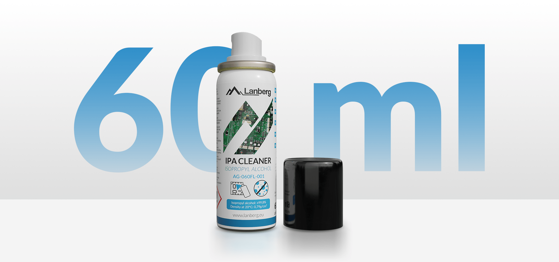 Pojemnik na alkohol izopropylowy z czarną nakrętką i pojemnością 60 mililitrów.