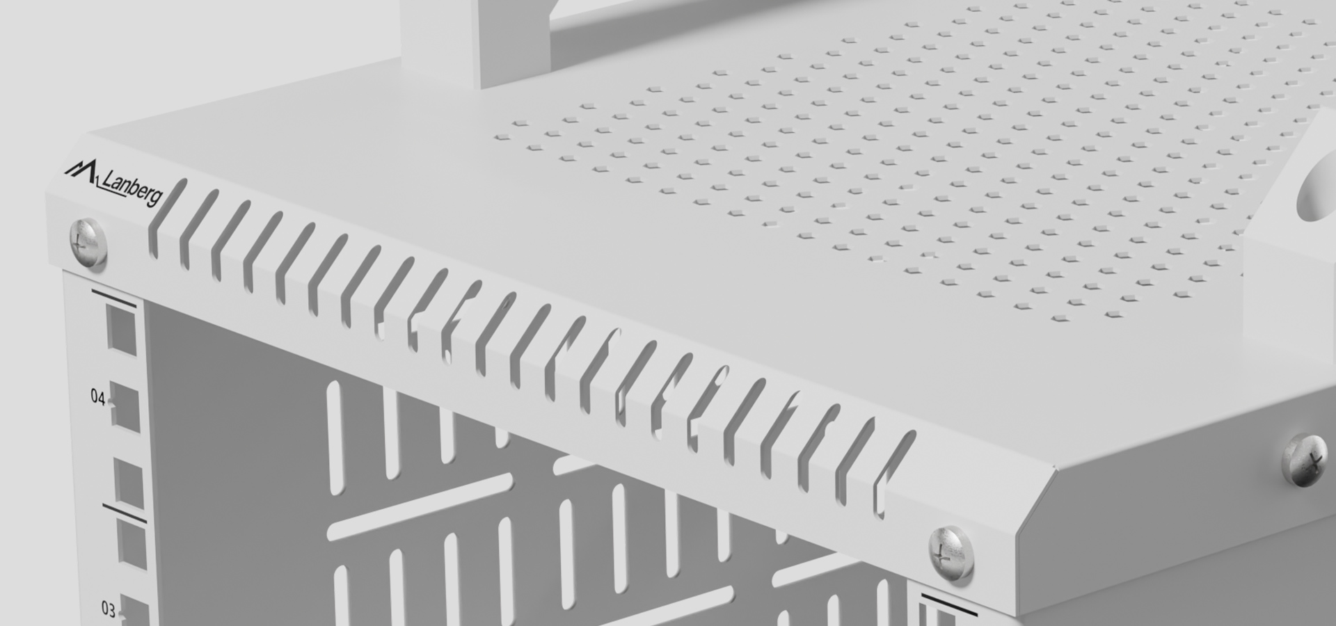 Biała obudowa elektronicznego urządzenia z otworami wentylacyjnymi i otworami montażowymi z boku.