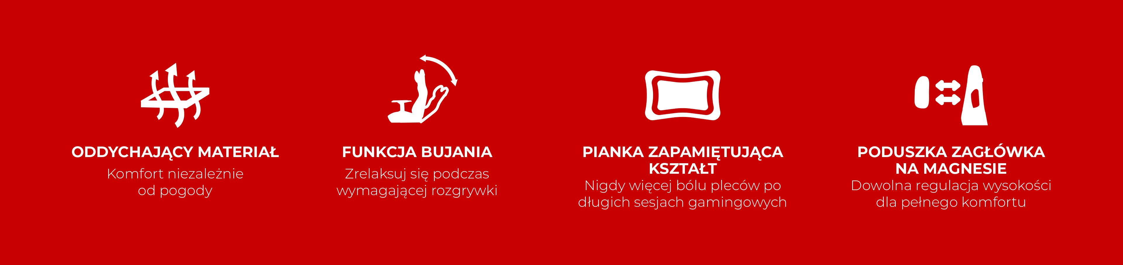 Ikony przedstawiające materiał oddychający, funkcję recliner, piankę pamięciową i zagłówka magnetycznego.