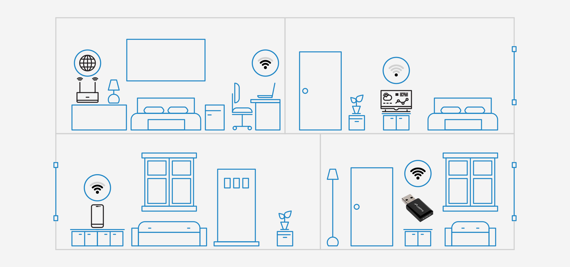 Bezprzewodowa karta sieciowa wyświetlana wśród różnych konfiguracji pomieszczenia z symbolami łączności