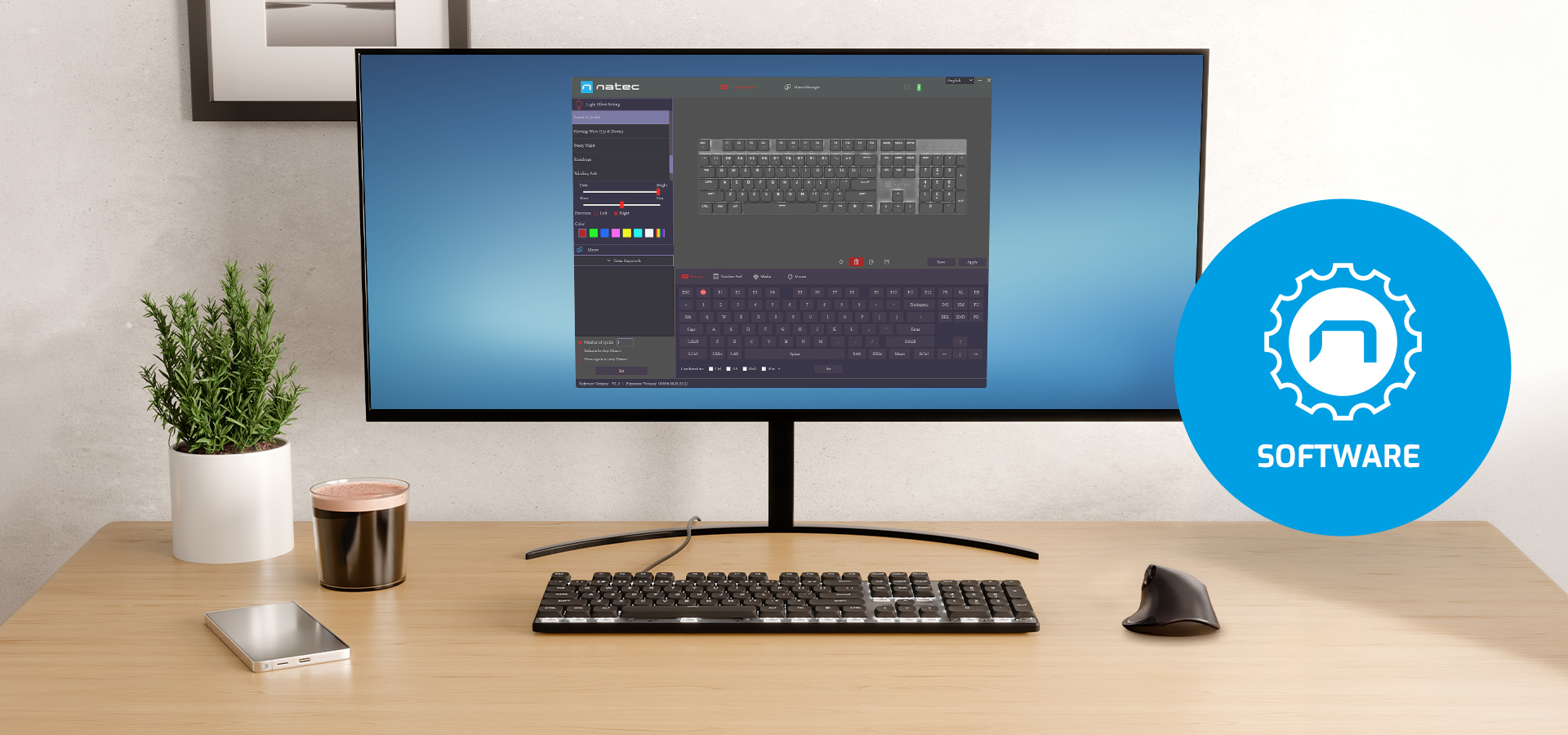 A curved monitor displays keyboard software with a cup and phone on a wooden desk.