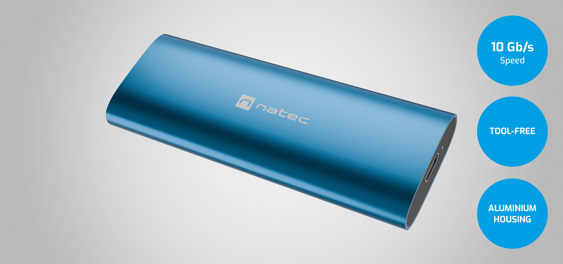 Blue external storage device with a smooth aluminum finish and no visible connectors.
