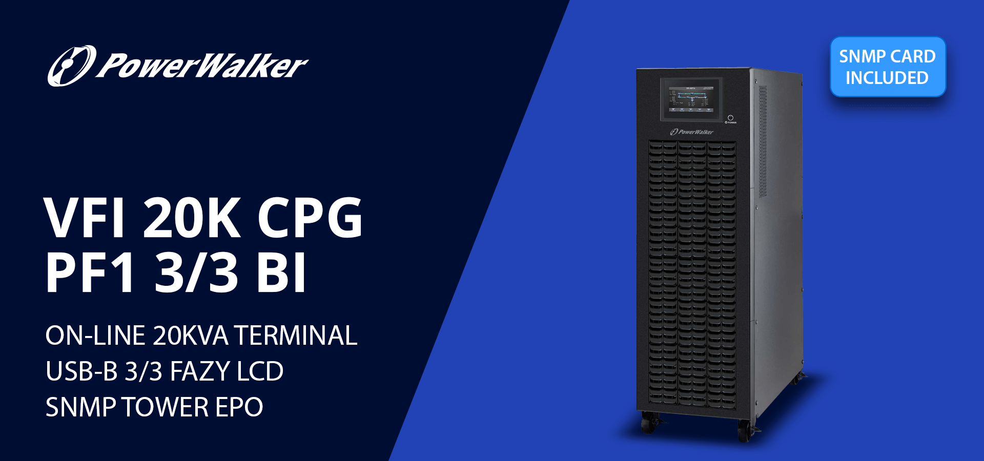Zasilacz UPS PowerWalker VFI 20K CPG PF1 z wyświetlaczem LCD, złączem USB-B i funkcjami SNMP w obudowie typu tower