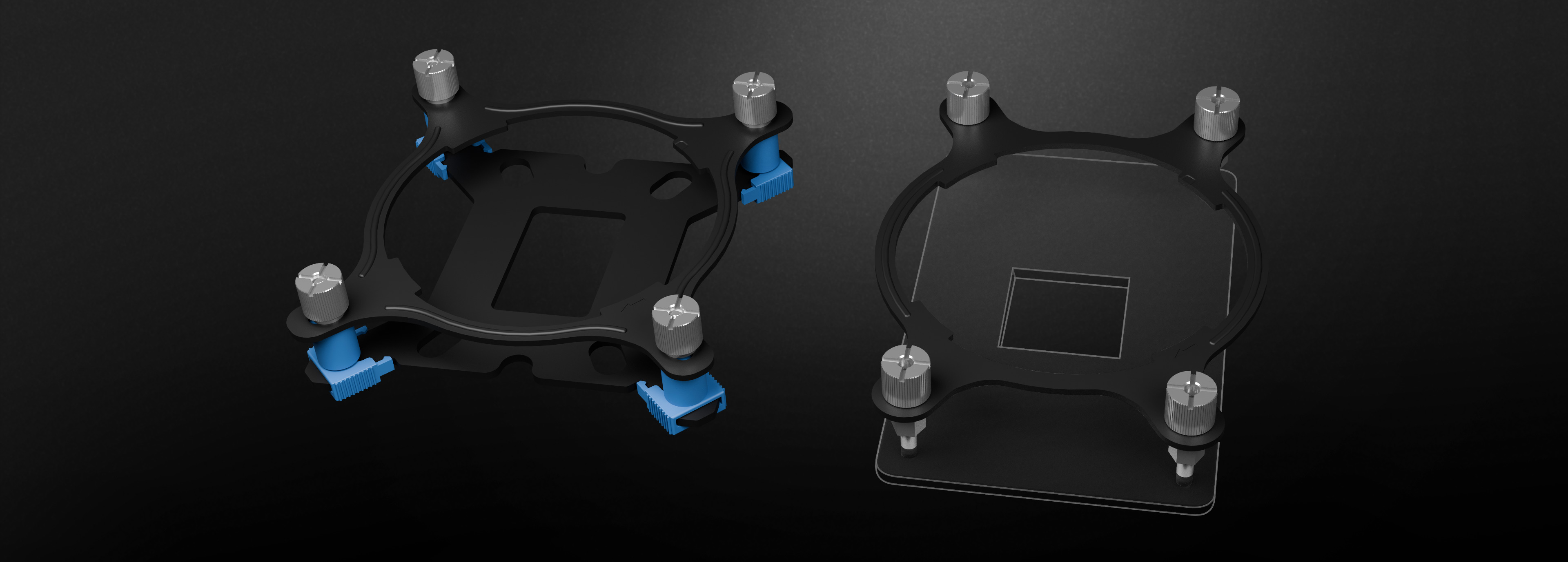 Schwarze Wasserkühlungshalterungen für die Genesis Hydria 360, mit verstellbaren Schrauben und blauen Akzenten