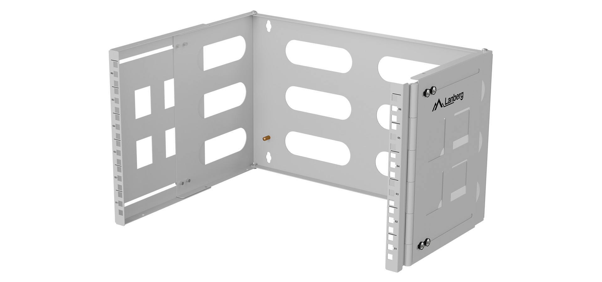 Biały uchwyt montażowy z wieloma slotami i otworami do bezpiecznych opcji instalacji.