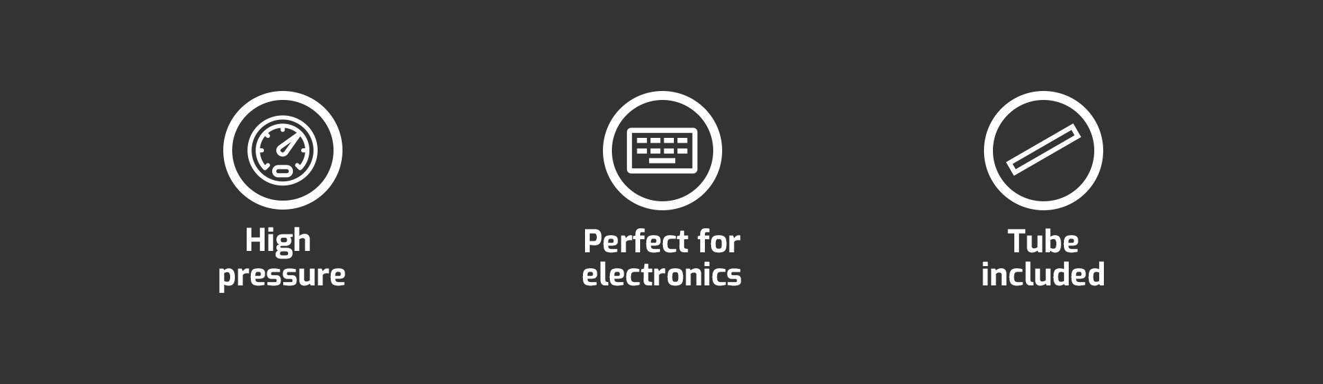 Icons indicating features of NATEC RACCOON AIR 600 ML: high pressure, suitability for electronics, and included tube
