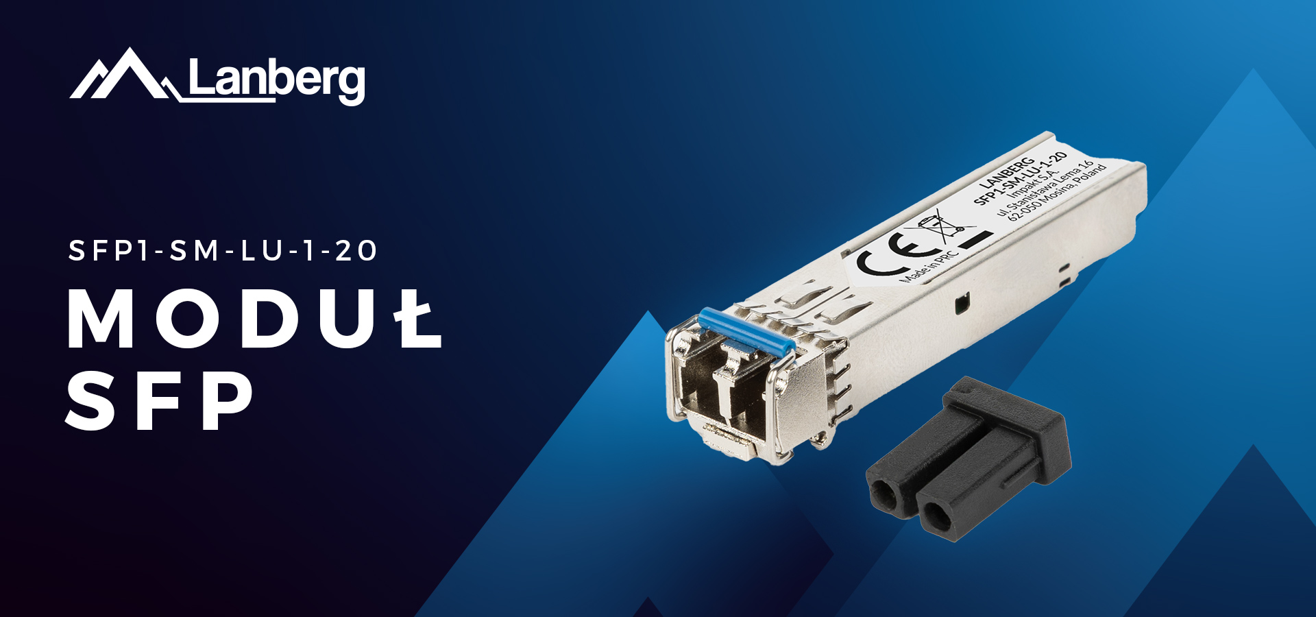Moduł transceivera z dwoma portami połączeniowymi w smukłej srebrnej obudowie na niebieskim tle.