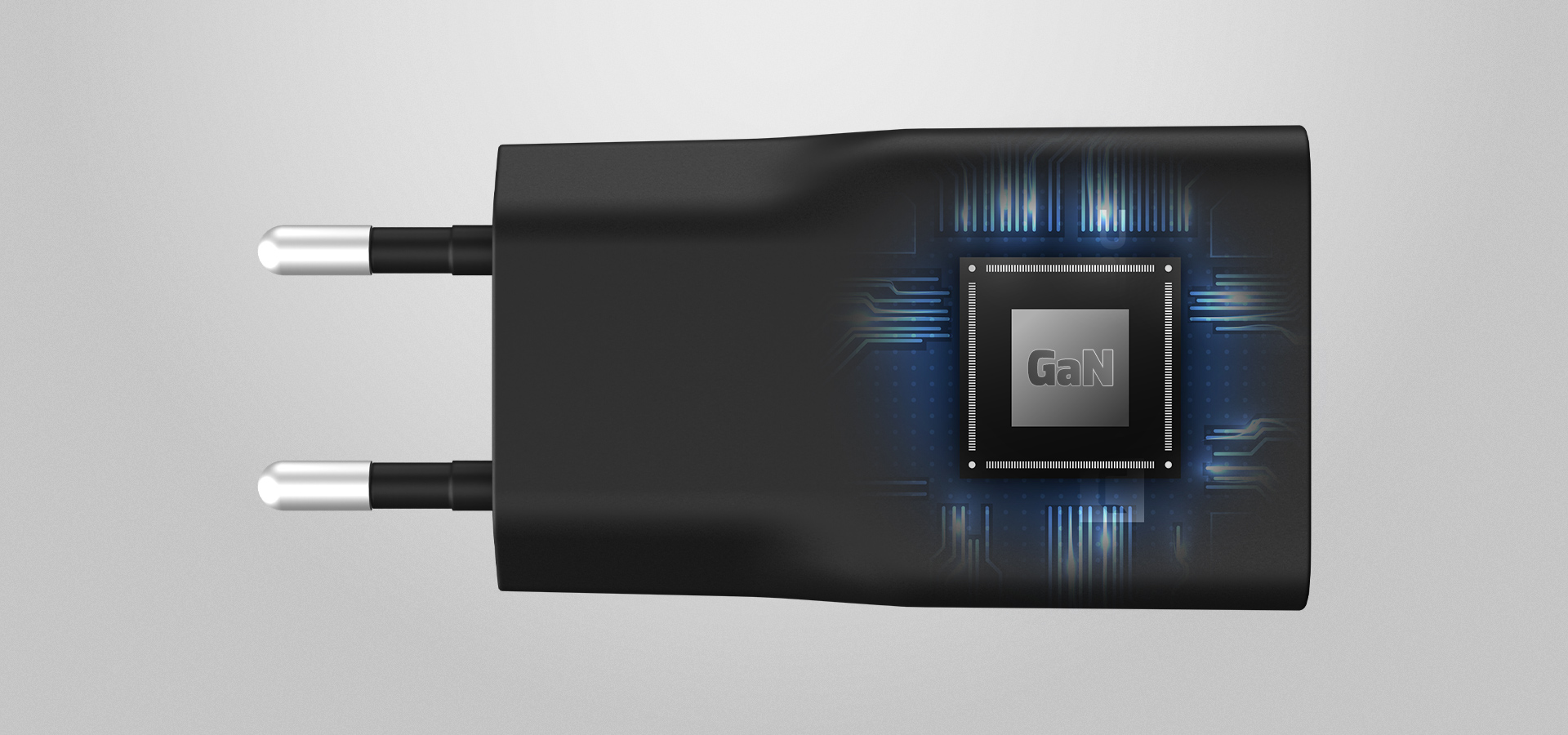 Czarny ładowarka z dwoma wtykami i świecącym centralnym elementem.