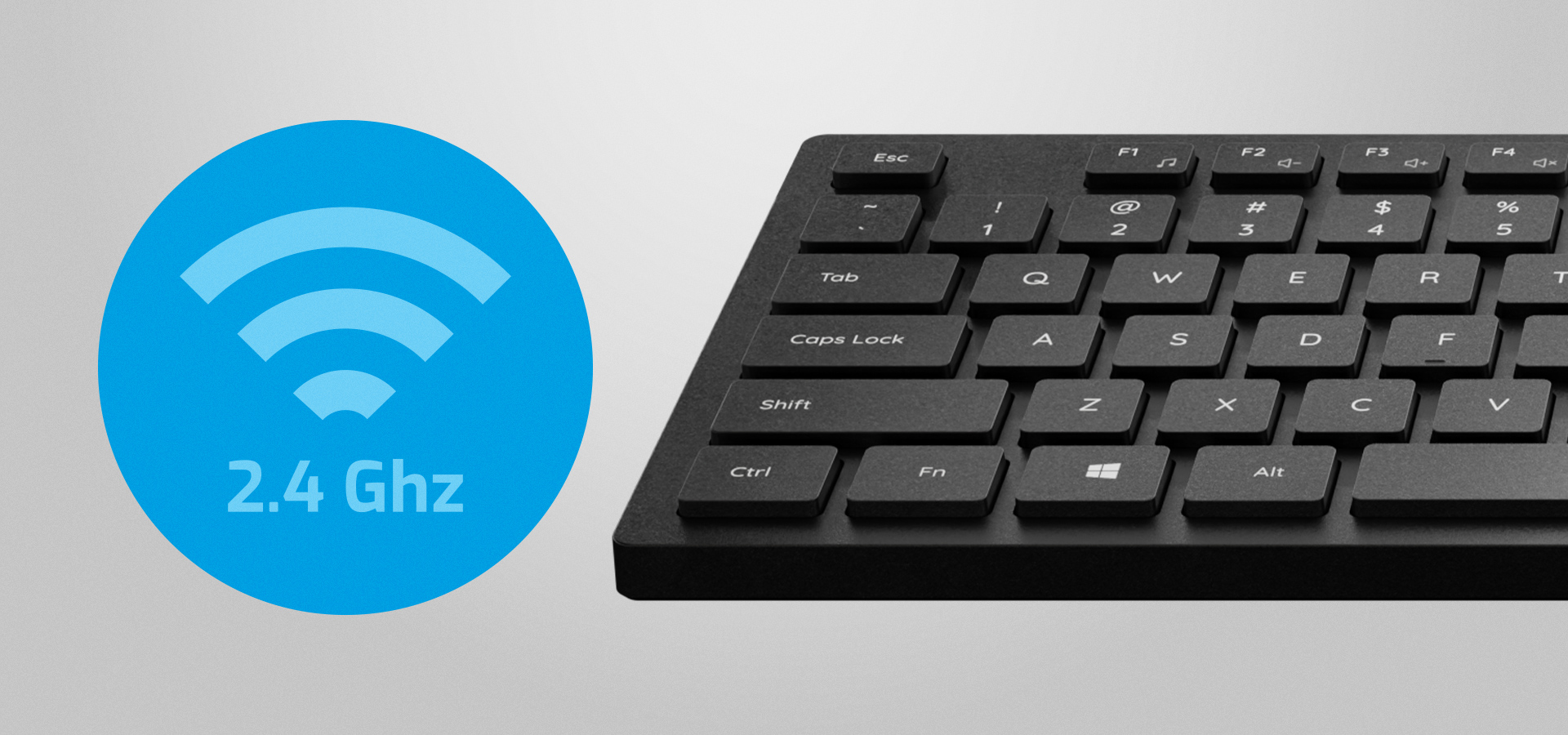 Bezprzewodowa klawiatura zbliżenie na klawisze oraz niebieska ikona sygnału.