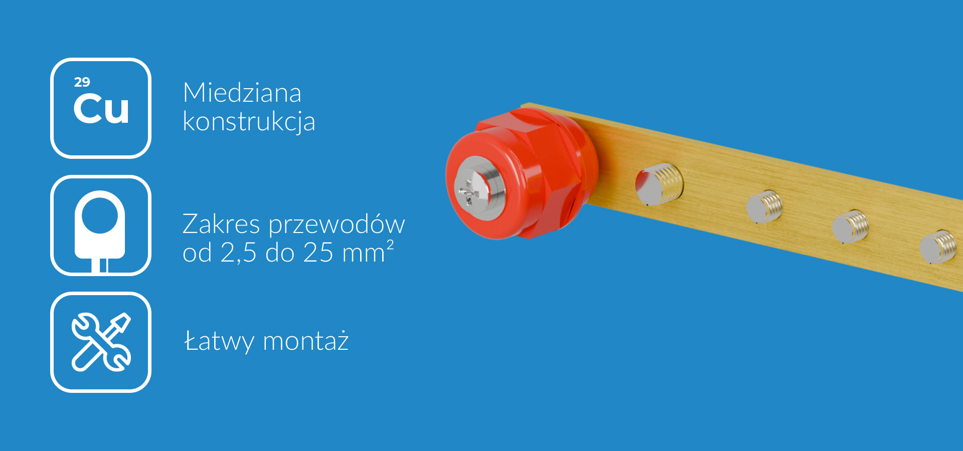 Miedziana konstrukcja z czerwoną częścią i wieloma otworami montażowymi na żółtym tle.