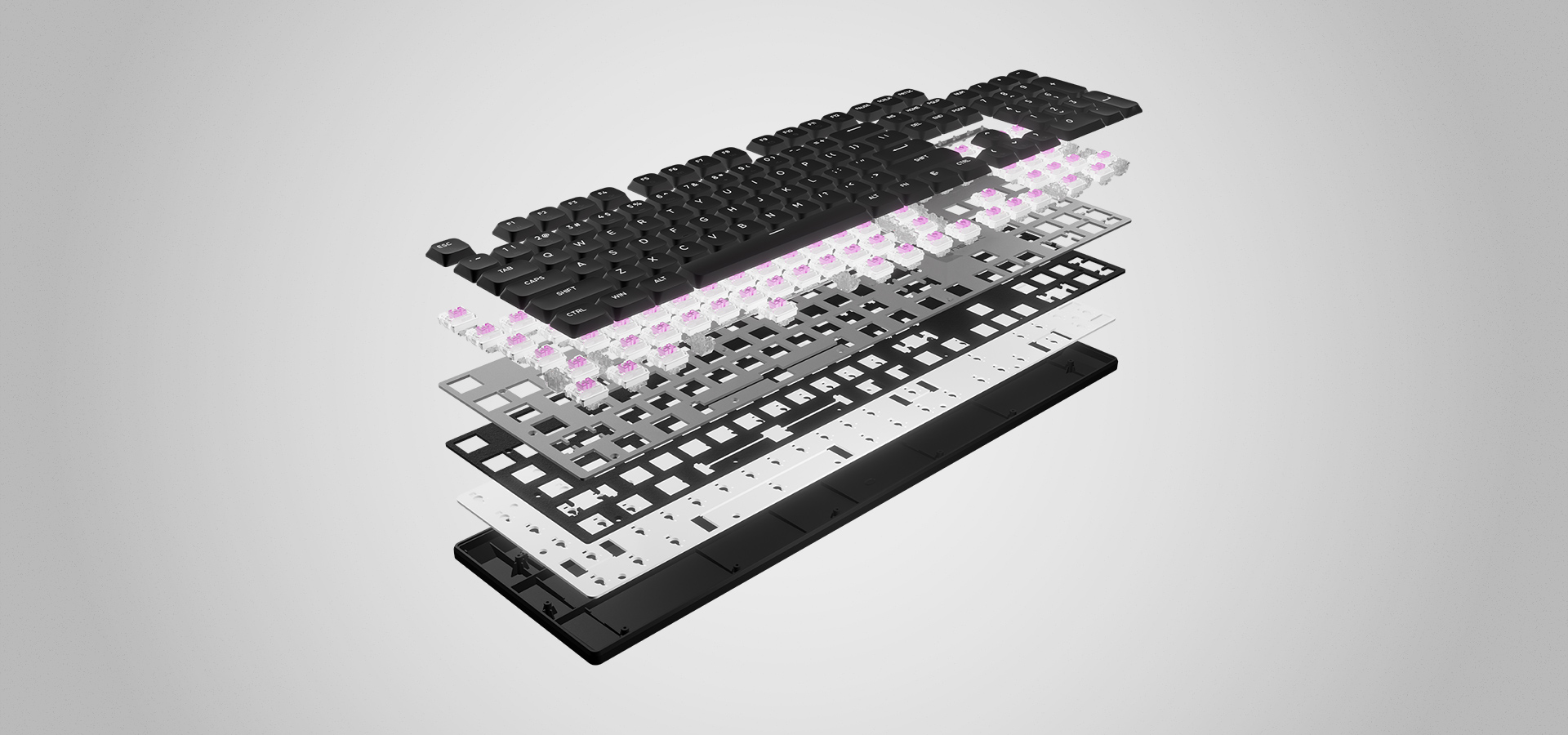 Exploded view of a keyboard showing keys, switches, and layers of the structure.