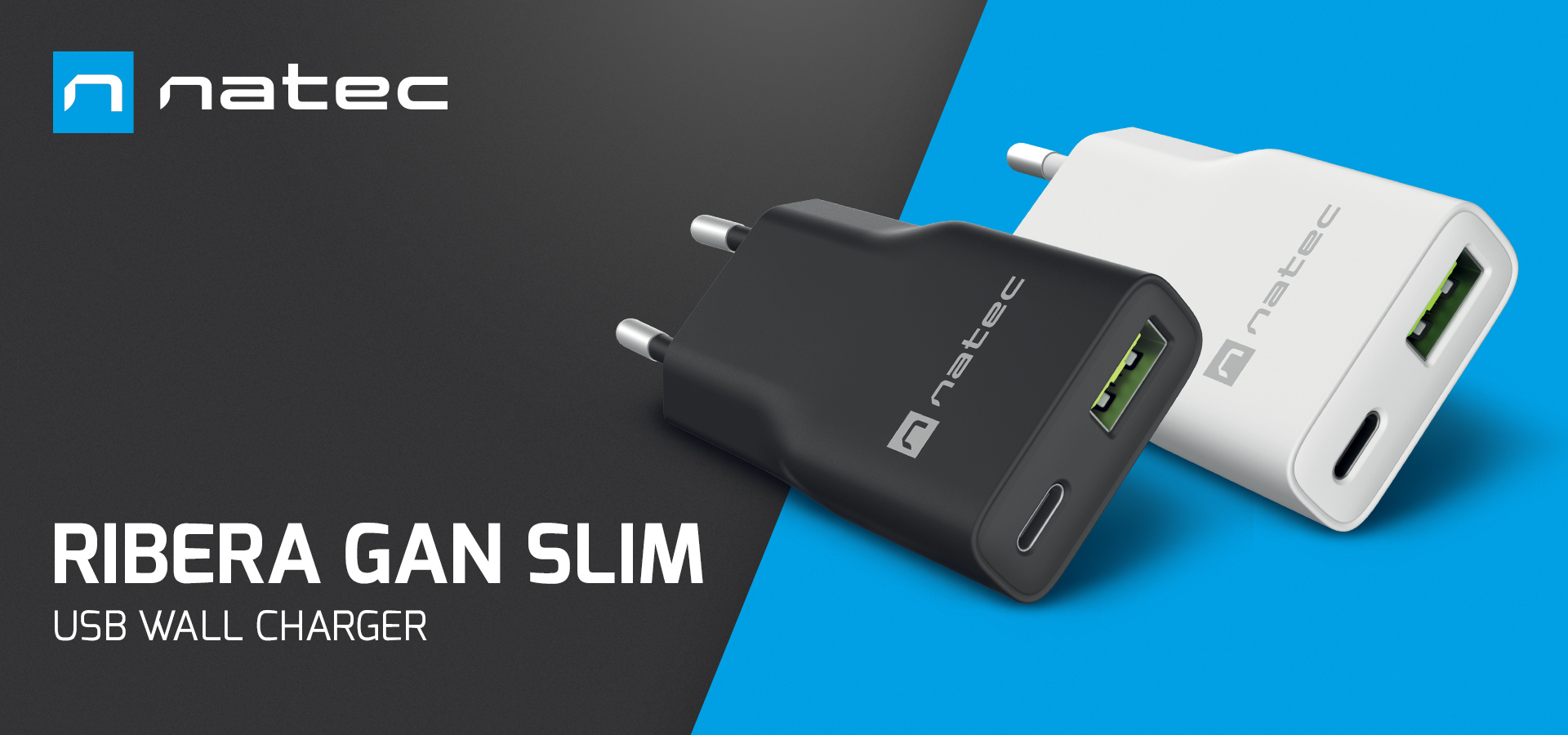 Two wall chargers in black and white with different connection ports for charging devices.