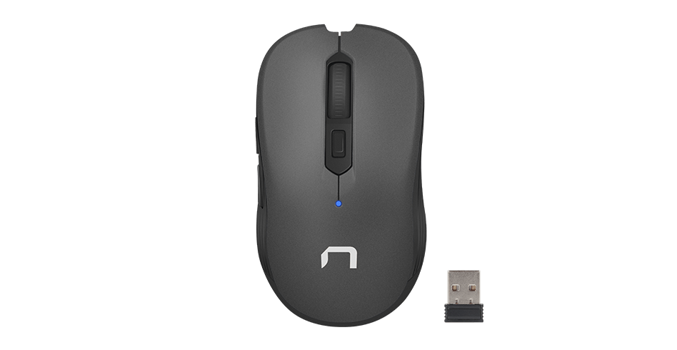 Black computer mouse with a scroll wheel and a small connection device beside it.