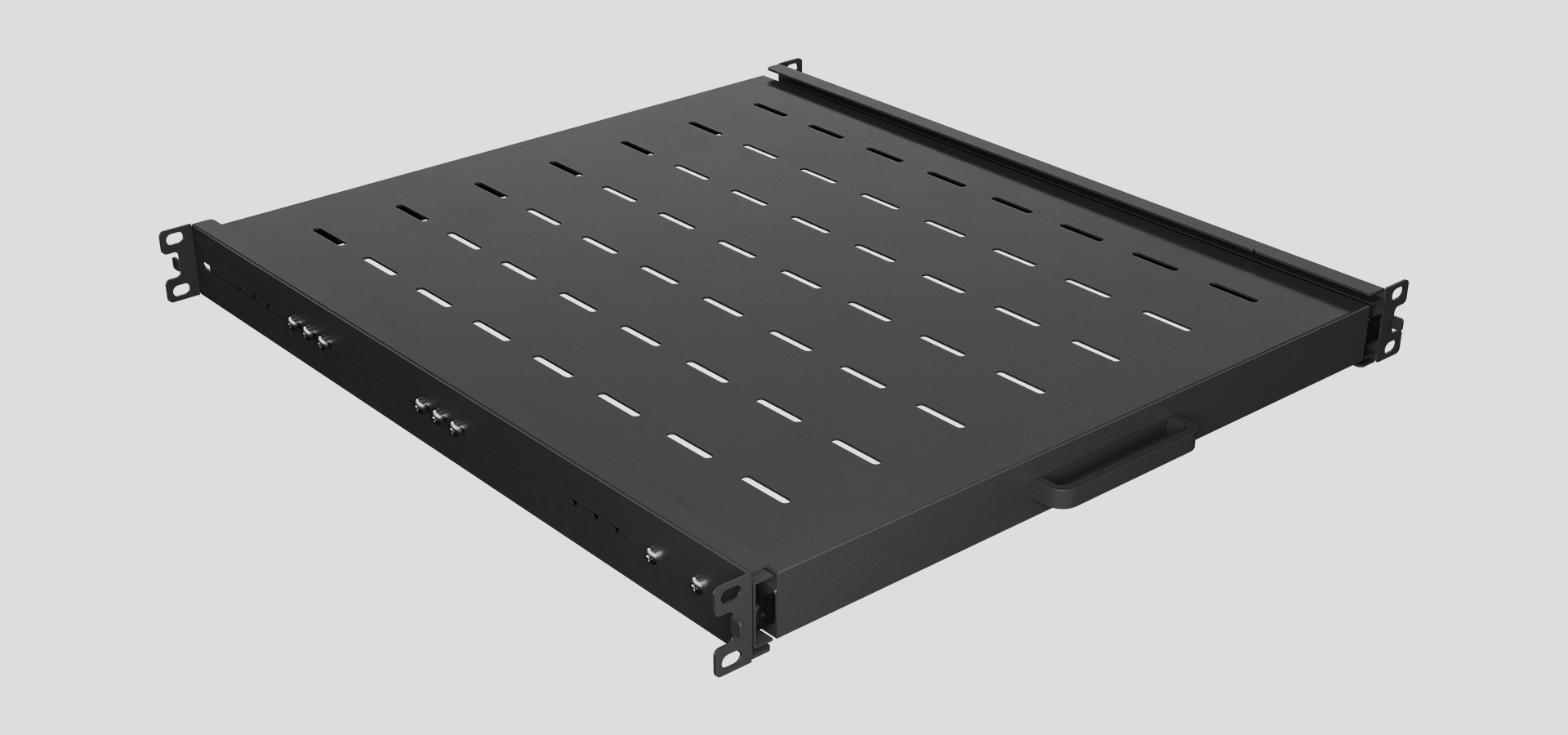Przesuwna półka rack 19" w kolorze czarnym, o wymiarach 1U/445x500 mm, o nośności do 35 kg z 4-punktowym systemem montażu.