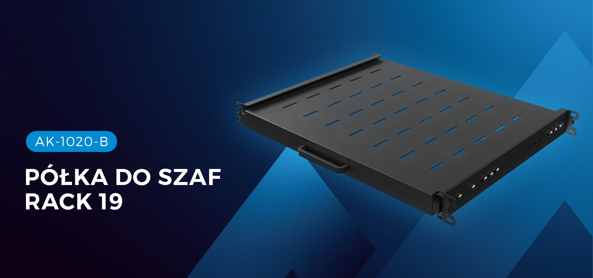 Czarna półka rack 19", rozmiar 1U, 445x350mm, o nośności 35kg, przeznaczona do montażu 4-punktowego.