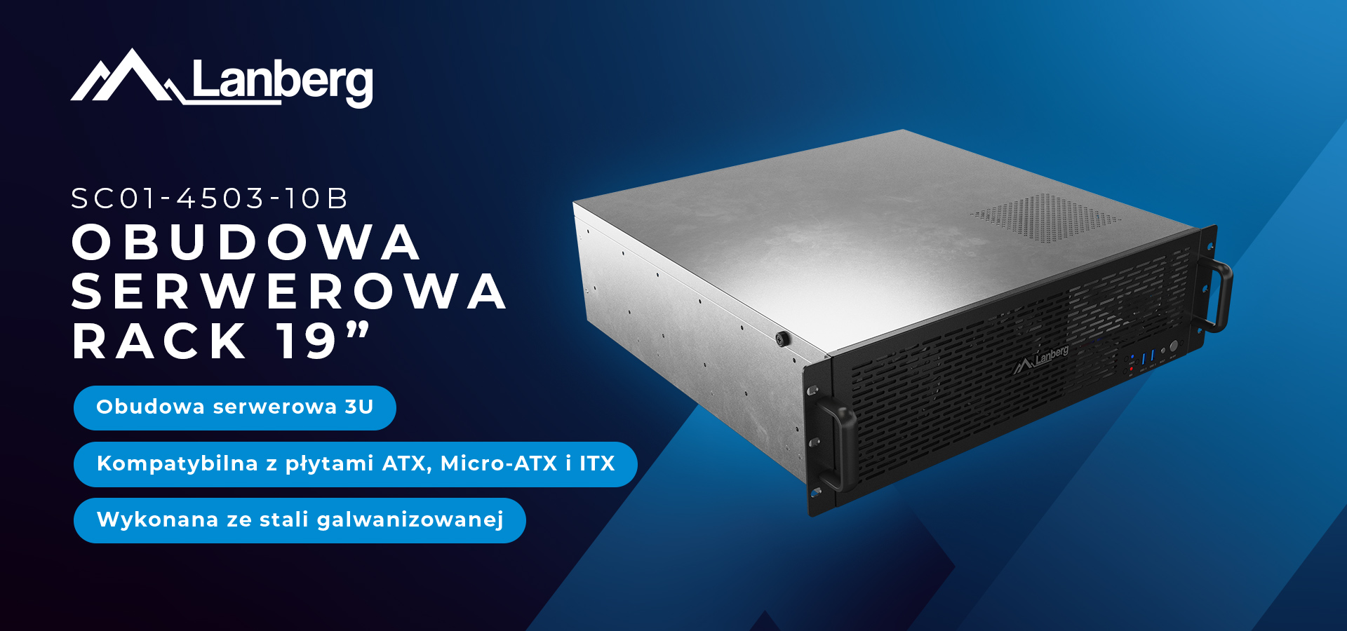 Obudowa serwera przeznaczona do racka 19-calowego z metalicznym wykończeniem i opcjami kompatybilności.