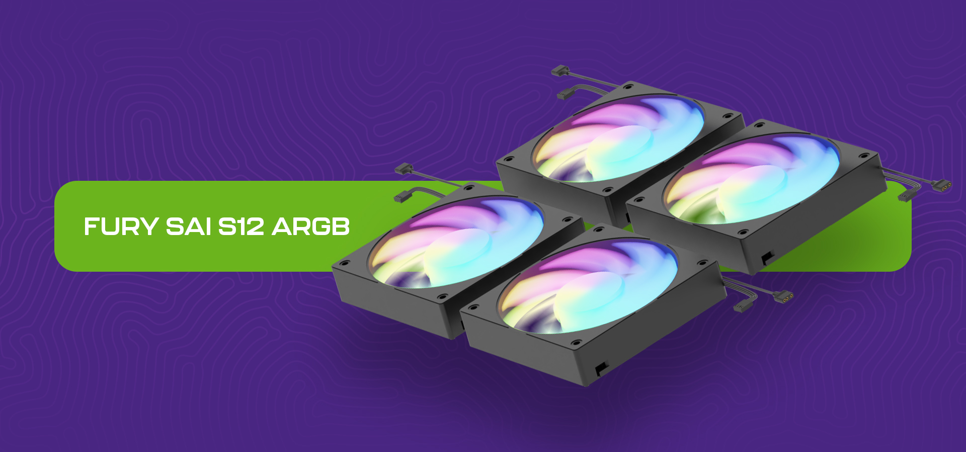Zestaw czterech wentylatorów chłodzących z kolorowymi, świecącymi łopatkami, ustawionych razem.