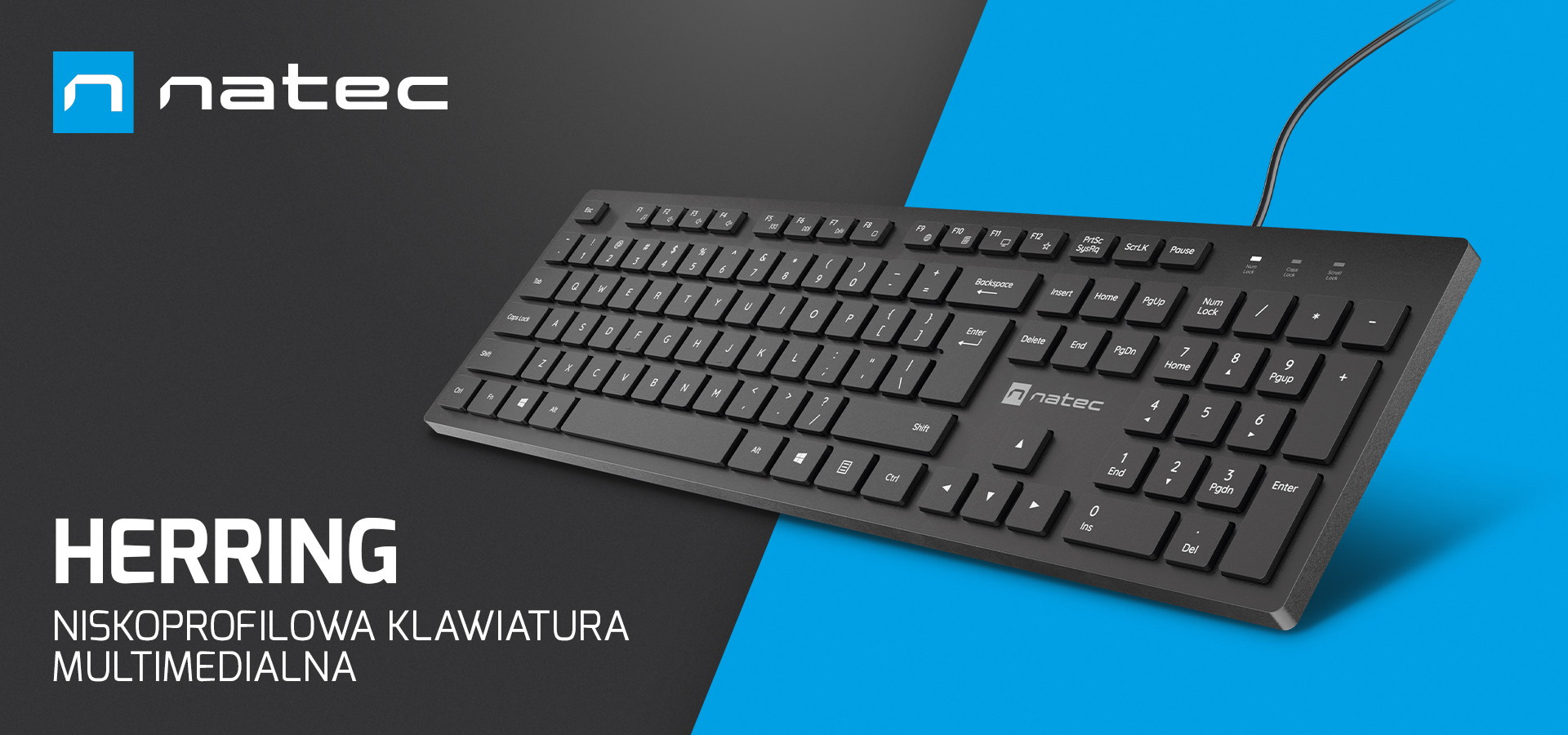 Smukła, czarna klawiatura multimedialna z niskoprofilowymi klawiszami i kablem połączeniowym