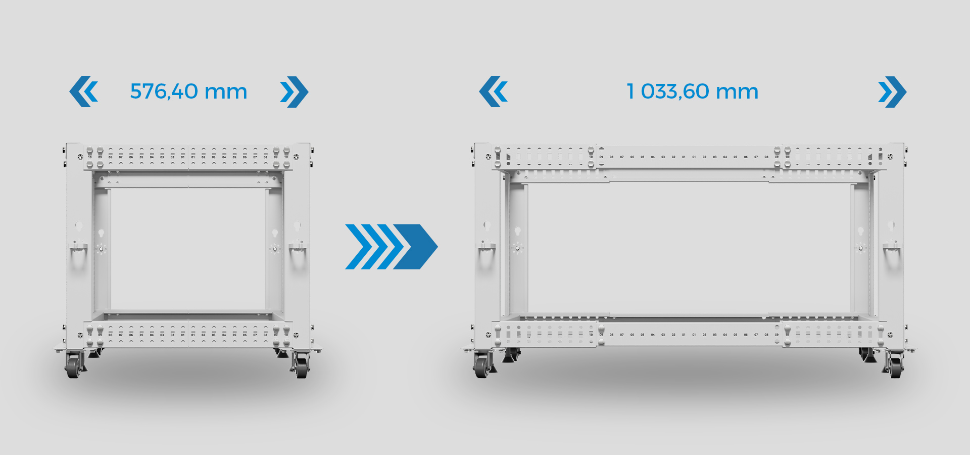 Otwarta szafa rack 19", rozmiar 9U, regulowana głębokość od 576,40 mm do 1 033,60 mm, z kółkami ułatwiającymi mobilność