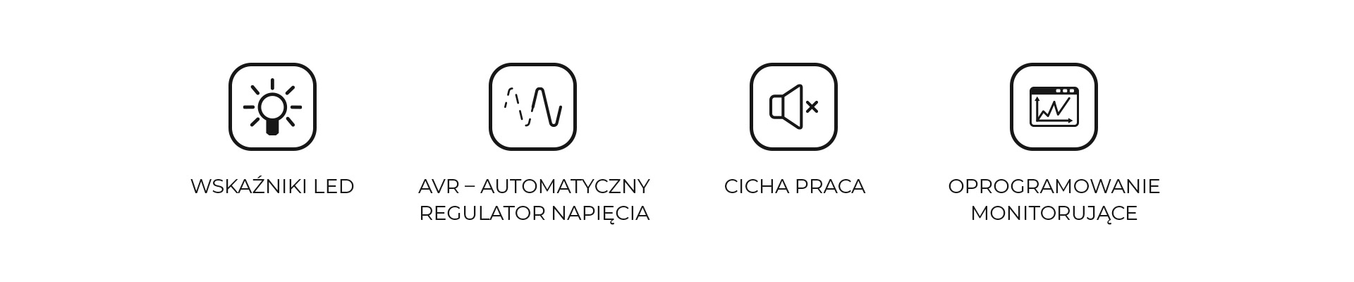 Cztery ikony przedstawiające różne funkcje, w tym wskaźniki, cichą pracę i monitorowanie.