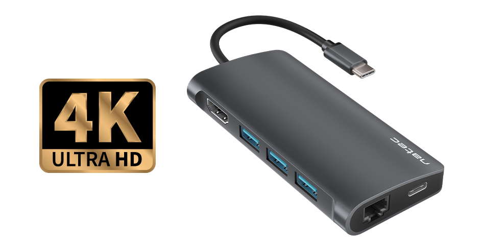 Adapter z wieloma portami do podłączania różnych urządzeń i kablem do łączności.
