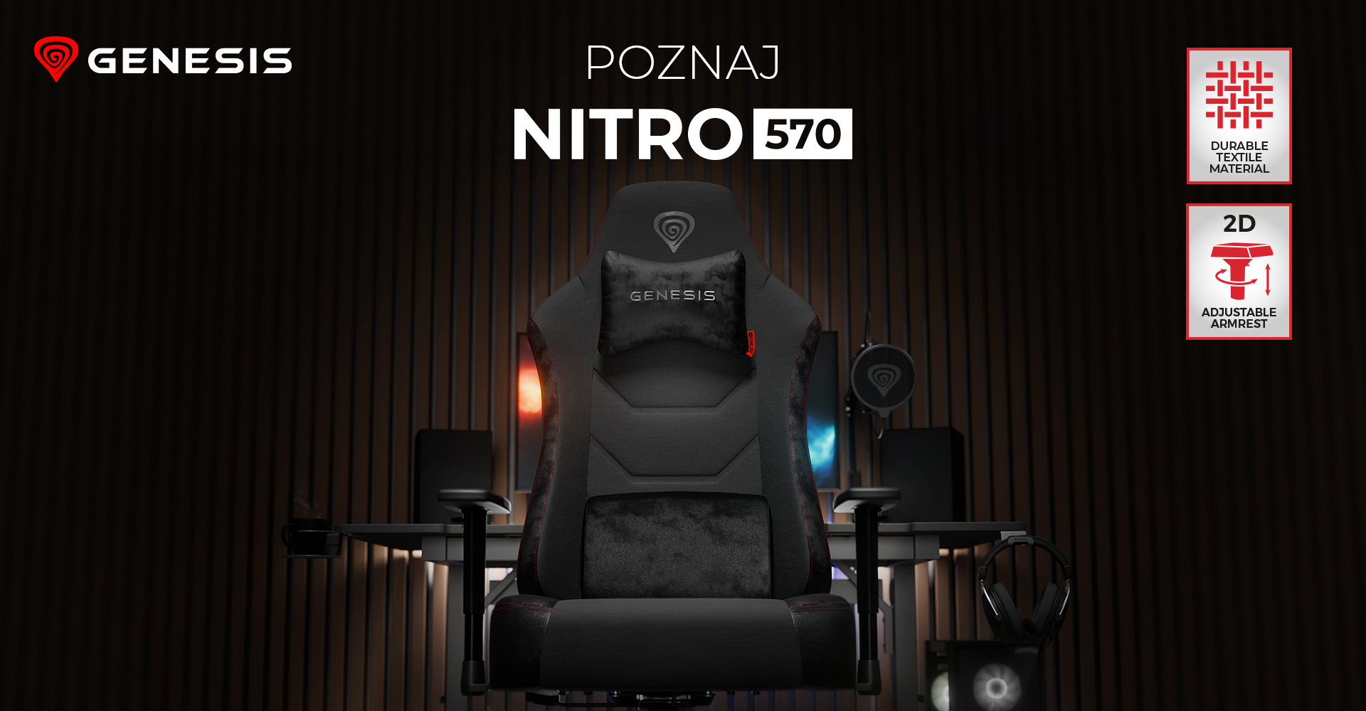 Fotel gamingowy o nowoczesnym designie, z regulowanymi podłokietnikami i kolorowymi akcentami.