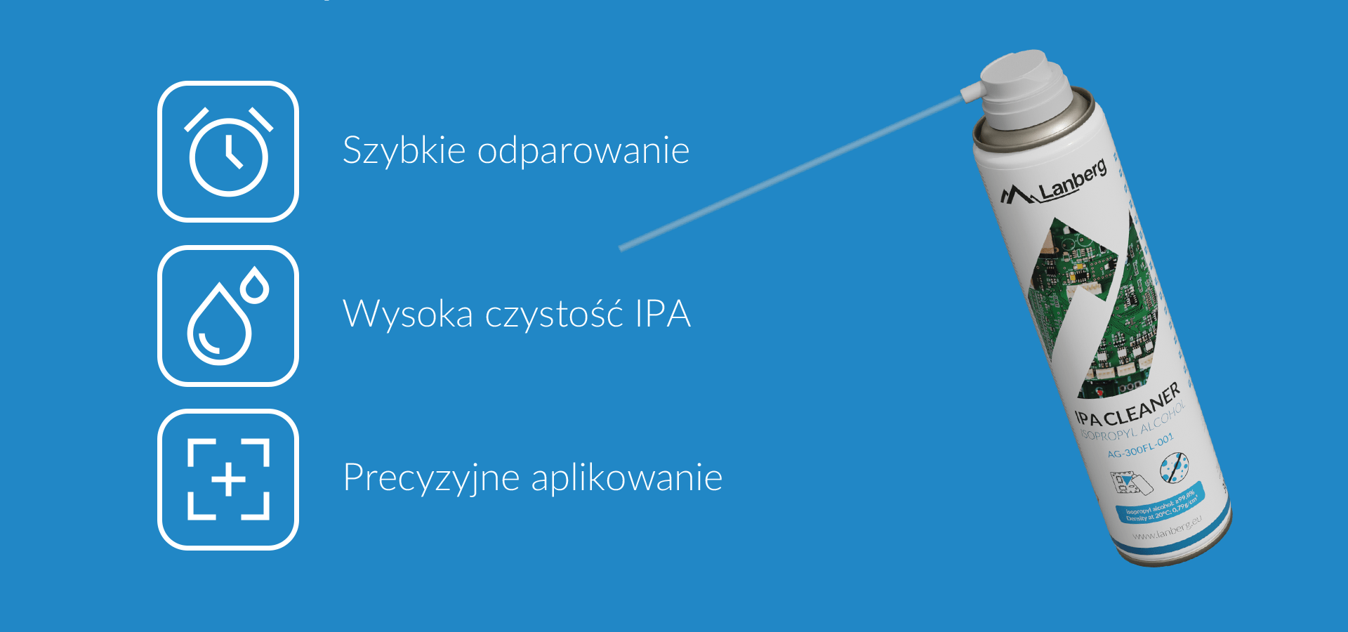 Aerosol z wysokopurystycznym alkoholem izopropylowym z precyzyjną dyszą i szybkim odparowaniem.