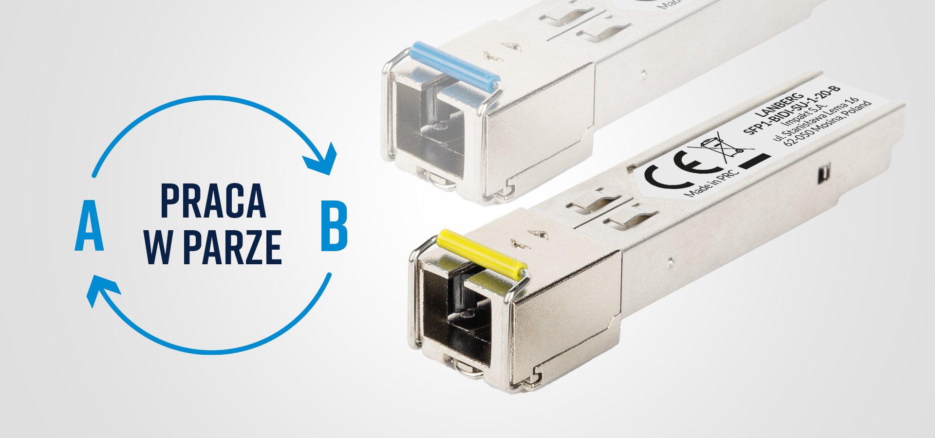 Dwa transceivery optyczne z różnymi kolorami złącz umieszczone obok siebie.