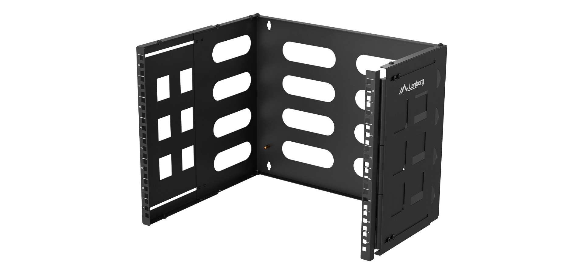 Czarny uchwyt montażowy z wieloma szczelinami i otworami do instalacji sprzętu.