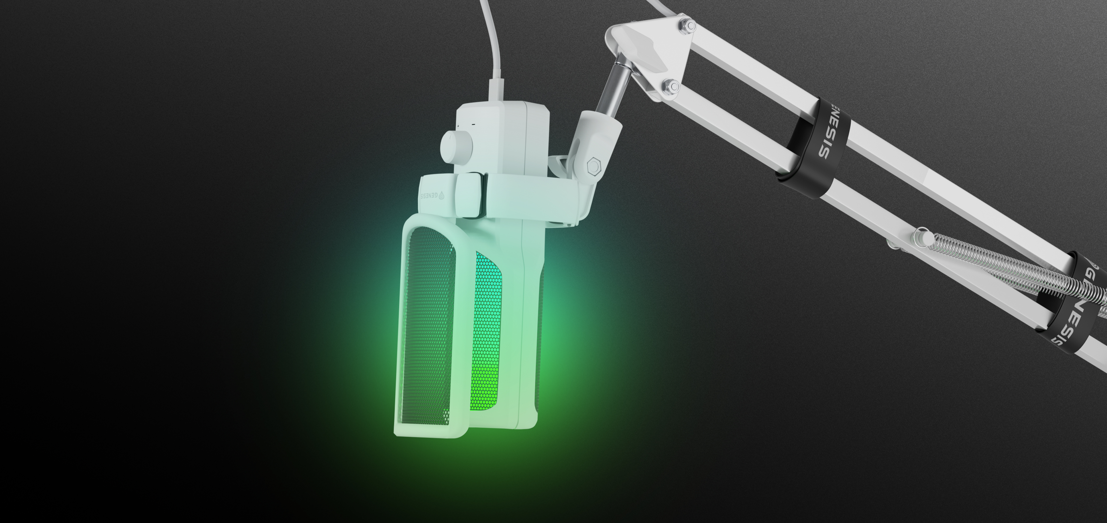 Weißes USB-Mikrofon an einem verstellbaren Arm mit grüner LED-Beleuchtung am Mikrofonkörper