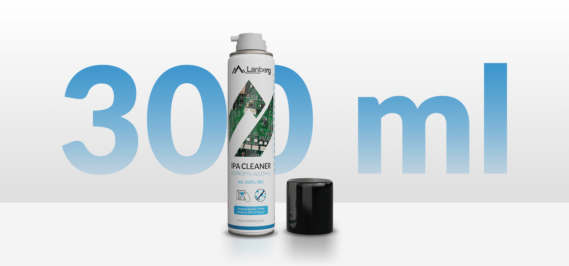 Pojemnik z alkoholem izopropylowym z czarną zakrętką oraz niebiesko-białą etykietą.