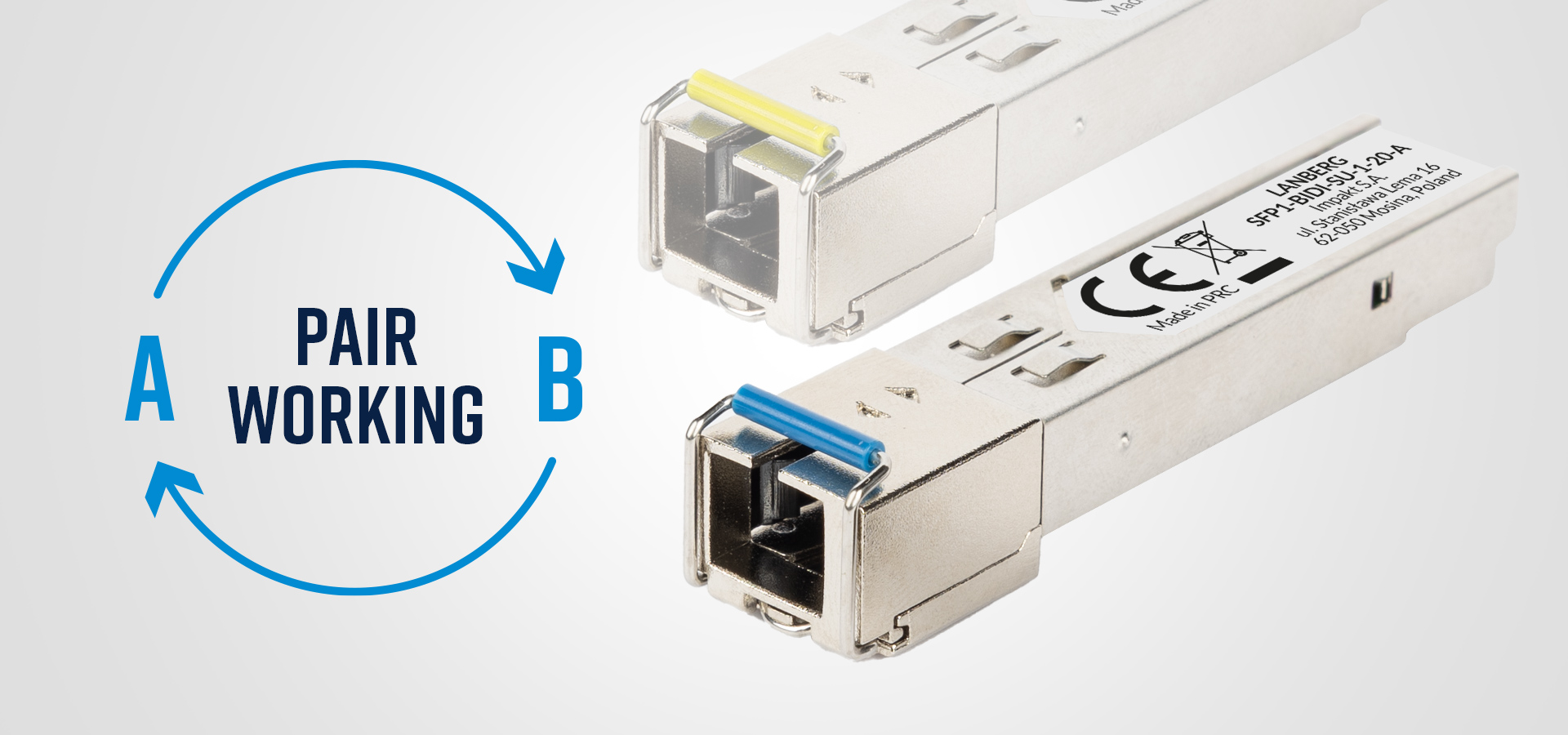 Two optical modules with different colored connectors for fiber optic connections.
