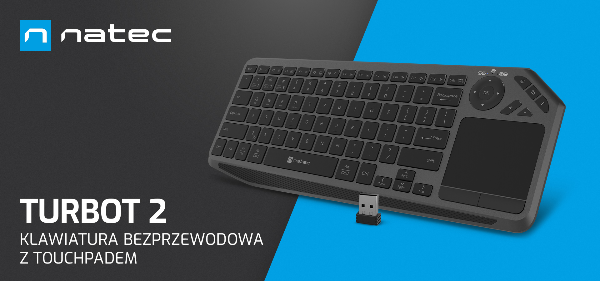 Bezprzewodowa klawiatura z wbudowanym touchpadem oraz małym złączem.