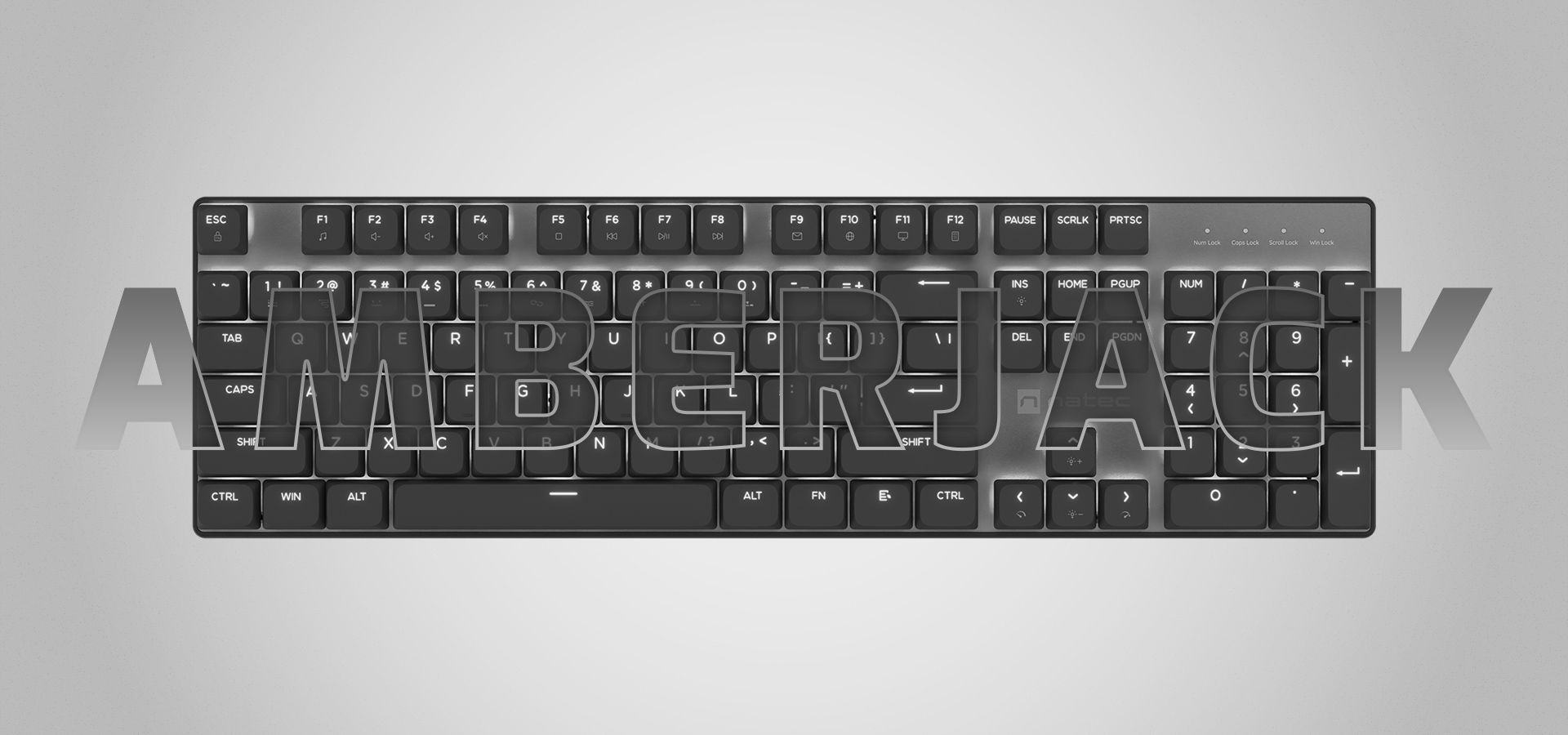 Black computer keyboard with various keys and a sleek design.