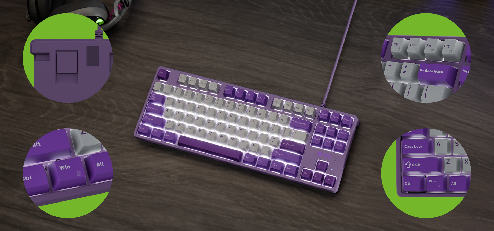 Kompaktowa klawiatura z purpurowymi i białymi klawiszami, z przewodowym połączeniem i unikalnym wzorem.