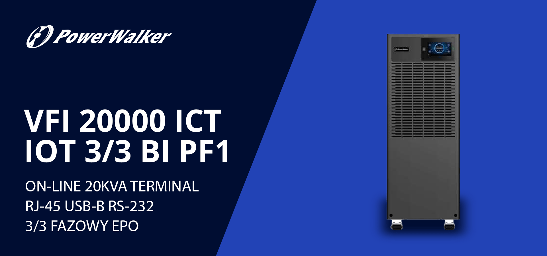 Czarny zasilacz UPS PowerWalker VFI 20000 ICT z wieloma portami, w tym RJ-45, USB-B i RS-232, na niebieskim tle