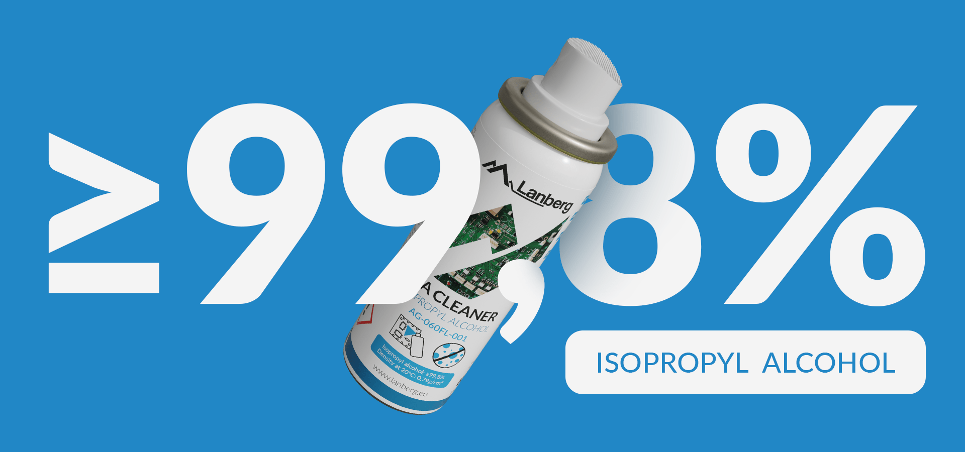 Canister of high-purity cleaning solution with a sprayer and graphic design on a blue background.