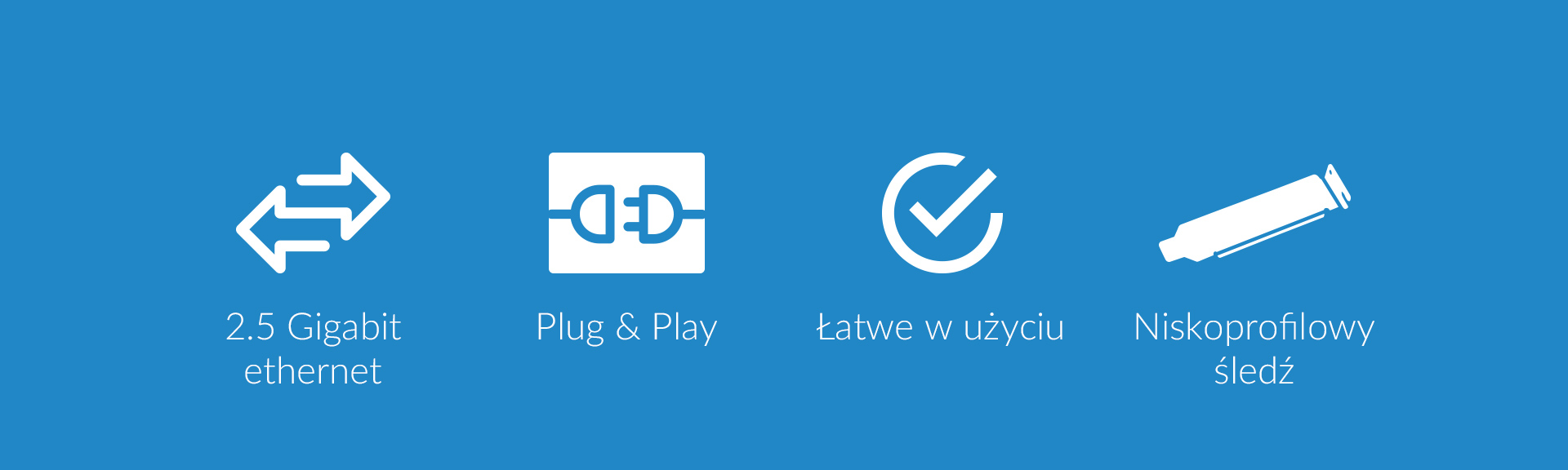 Cztery ikony na niebieskim tle wskazujące na połączenie, łatwość użycia i smukły design.