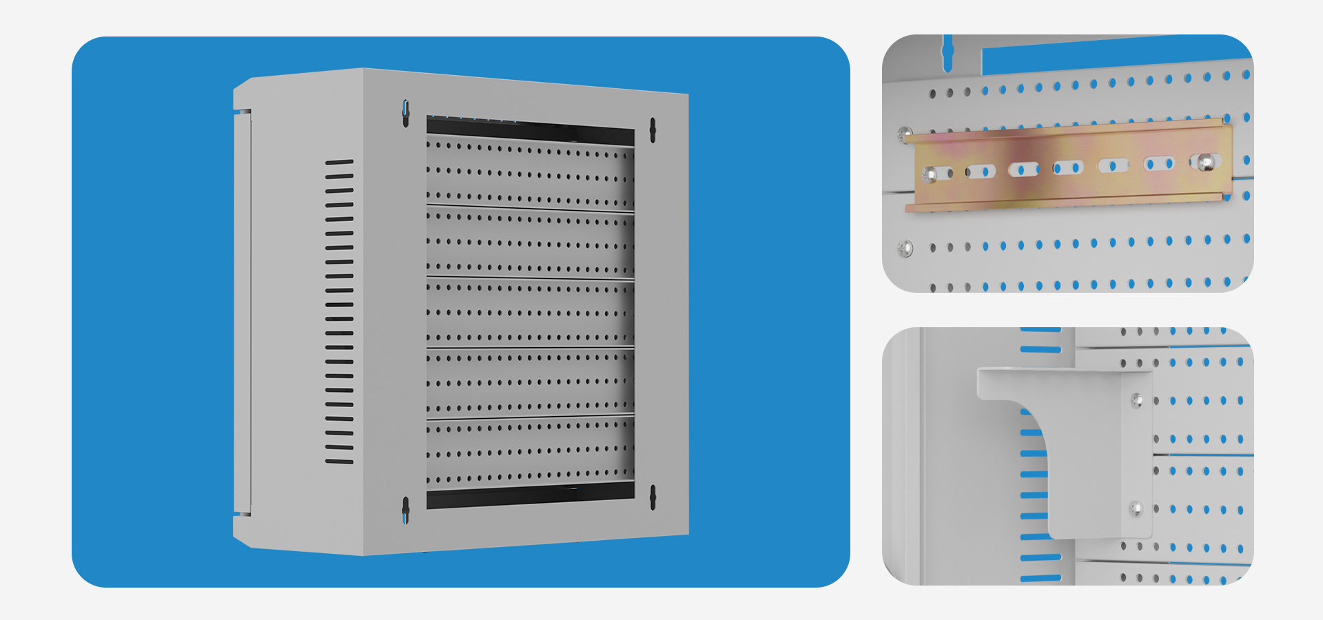 Metal enclosure with ventilation holes and mounting options on the side and back panels.