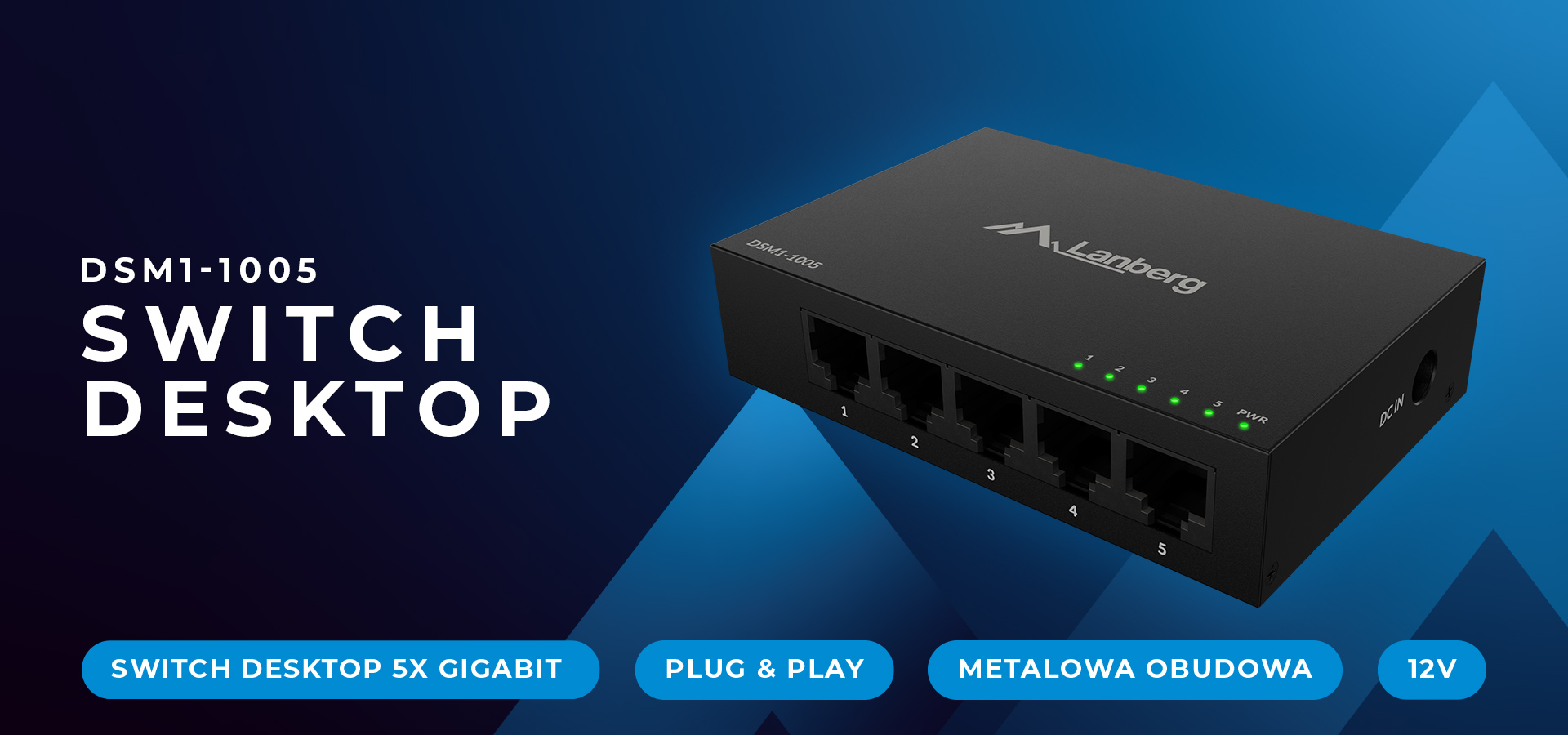 Przełącznik sieciowy z pięcioma portami i wskaźnikami na eleganckiej czarnej obudowie.