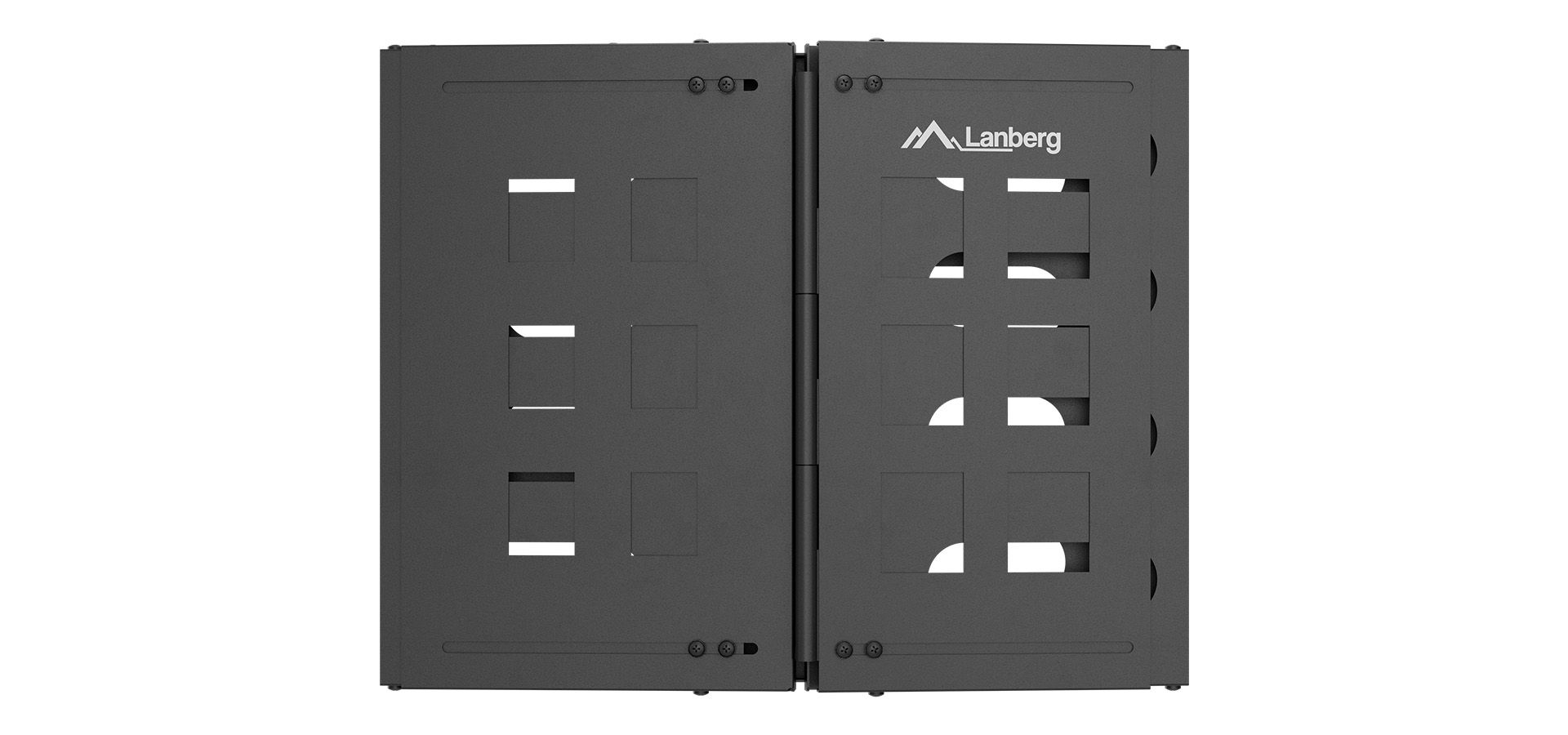 Czarny sprzęt z wieloma wycięciami oraz logo w rogu.