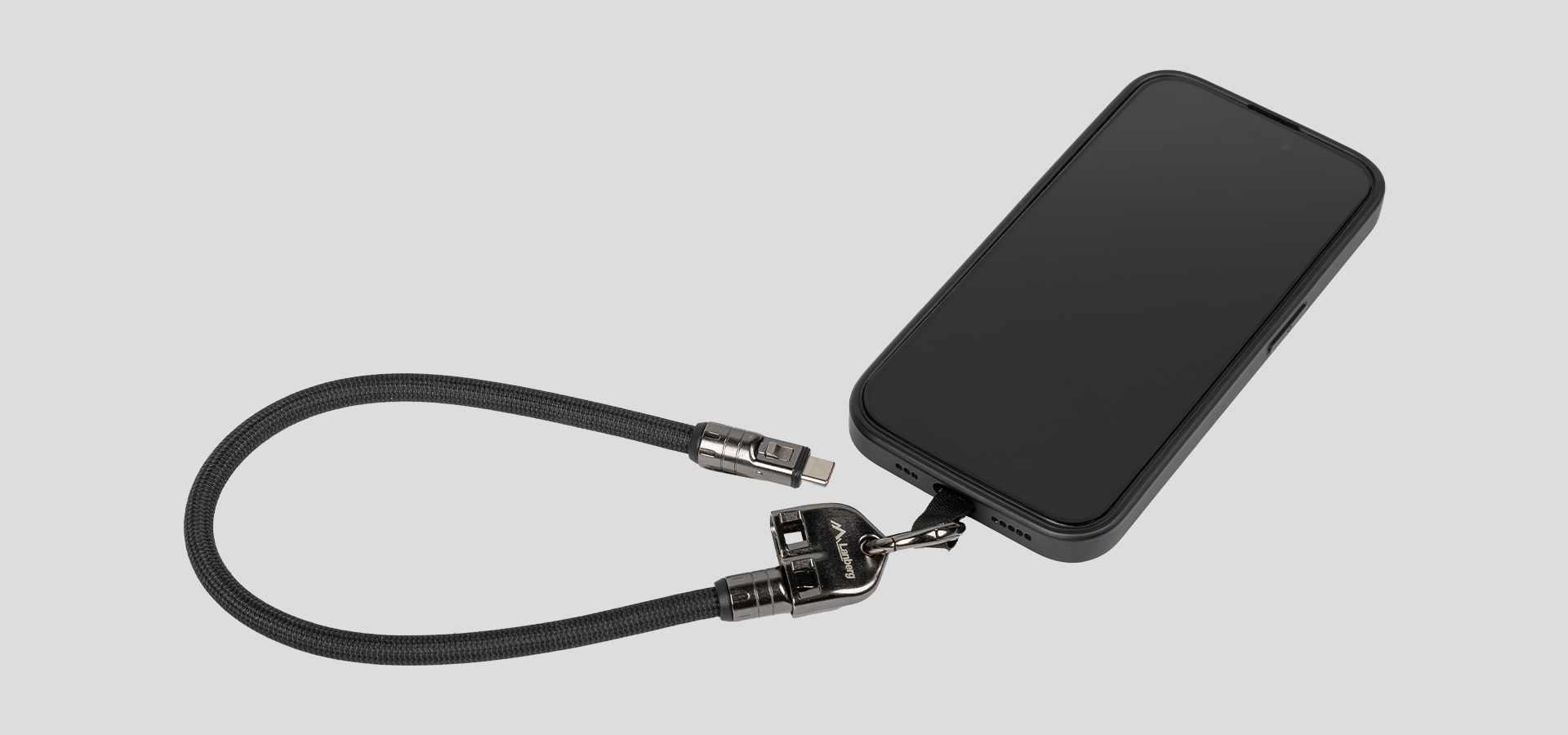 Kabel USB-C męsko-męski ze smyczą/smyczą do kluczy, długość 0,3 m, kolor czarny, podłączany do smartfona