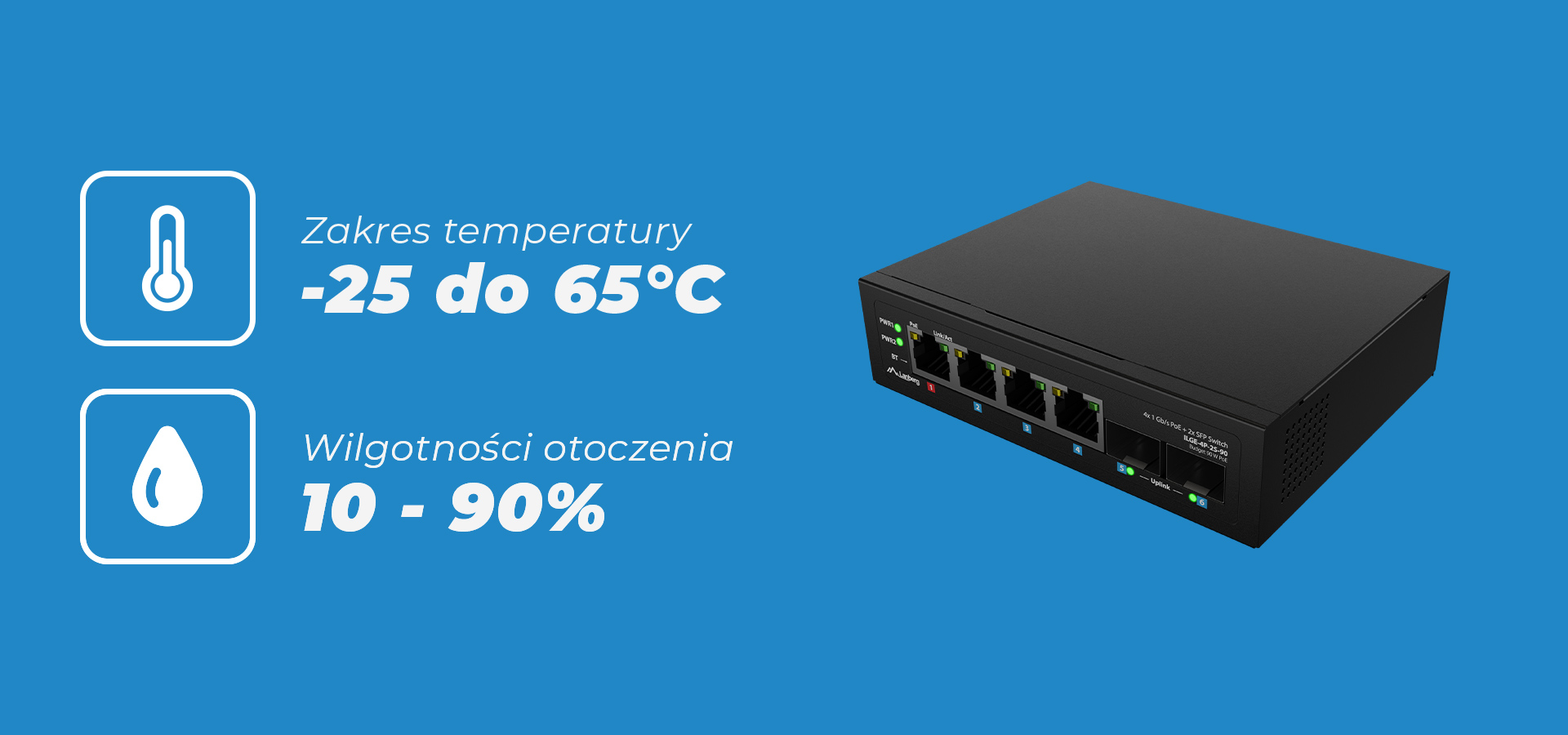 Urządzenie z wieloma portami sieciowymi i wskaźnikami na niebieskim tle z ikonami.