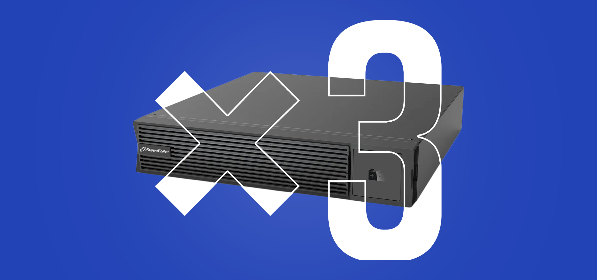 Urządzenie z wieloma portami na jednolitym niebieskim tle z nałożoną cyfrą trzy.